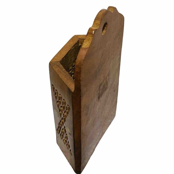 Carved Teak Wood Match Box Incense Wall Pocket Pierced Pattern Brass Studs Inlay - Picture 4 of 8